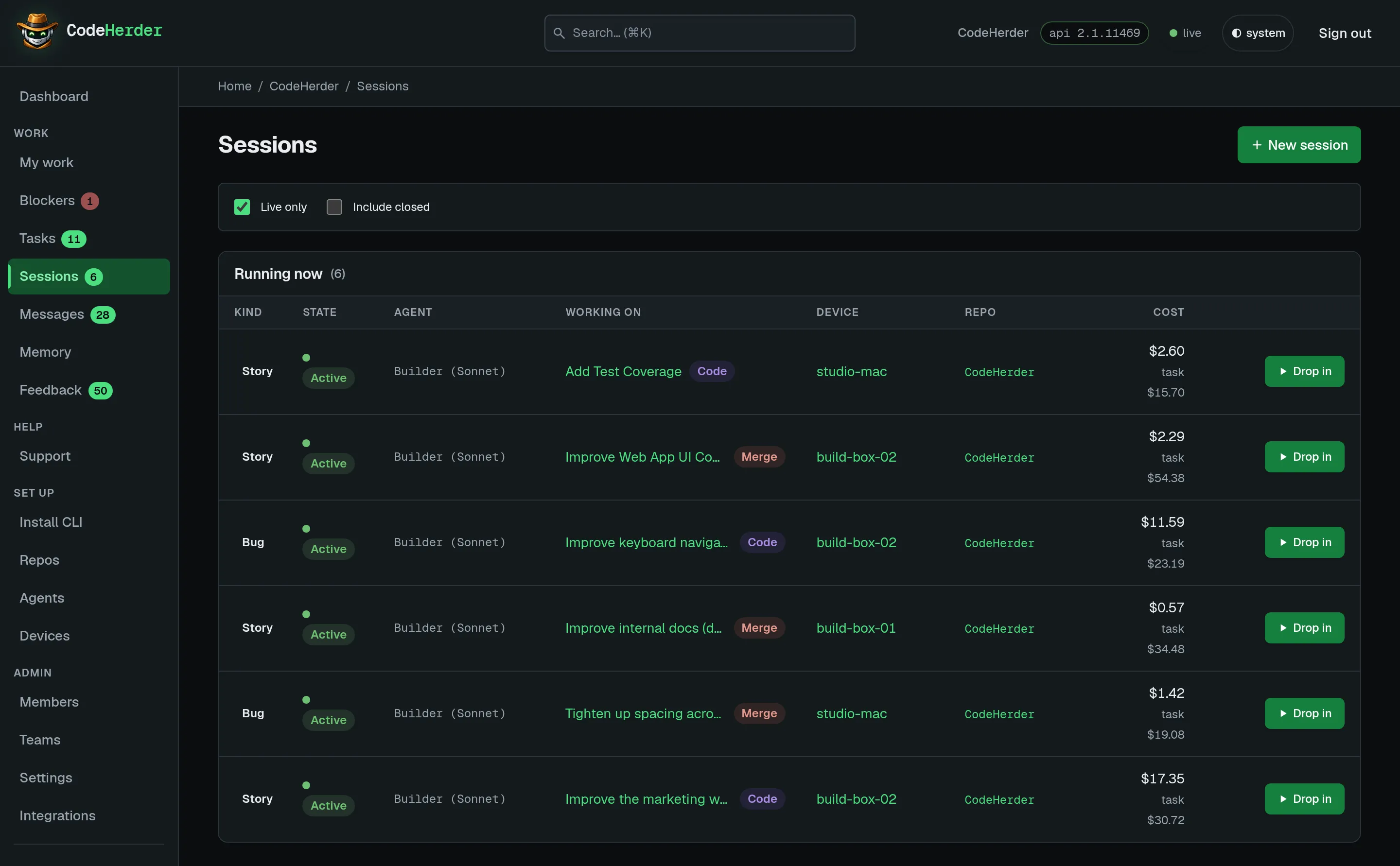 The CodeHerder sessions list showing live agent sessions with state, device, repo, and cost per session and per task.