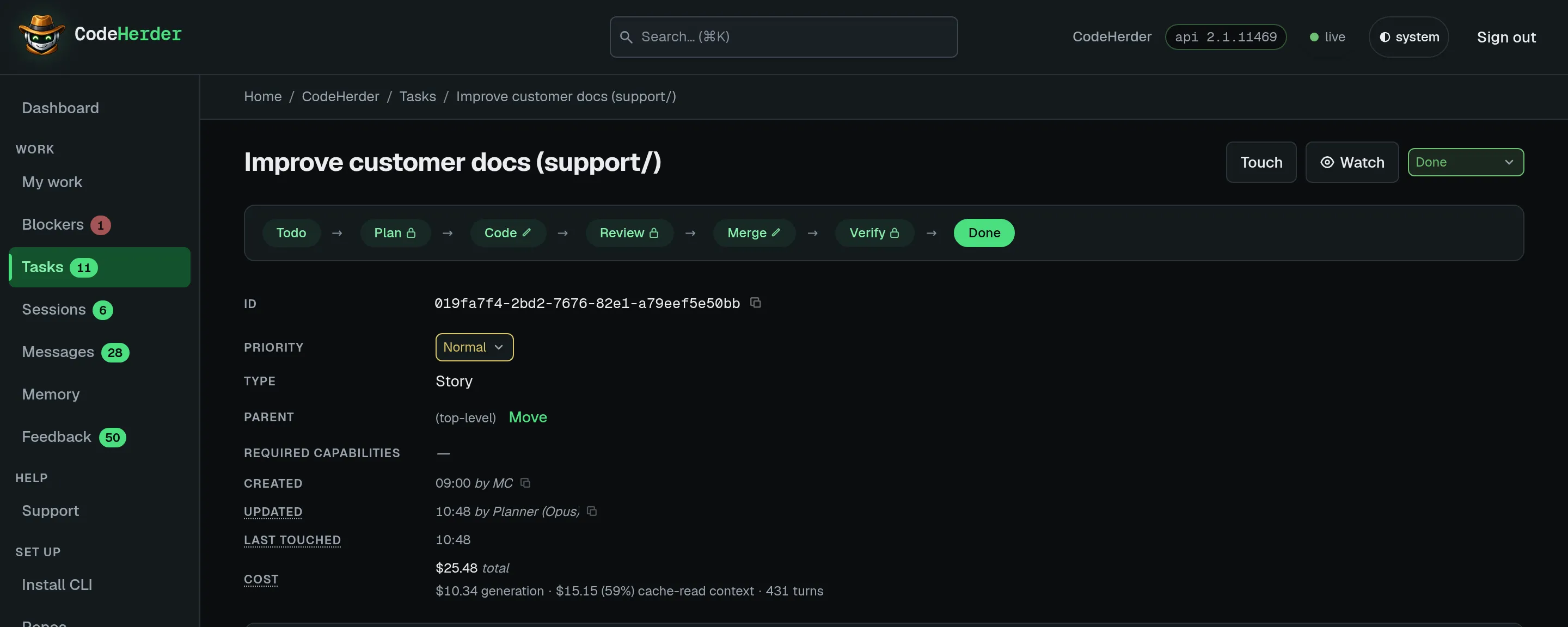A finished CodeHerder task with its full stage rail: Todo, Plan, Code, Review, Merge, Verify, Done, with padlock icons on approval gates and pencil icons on the stages an agent writes in.