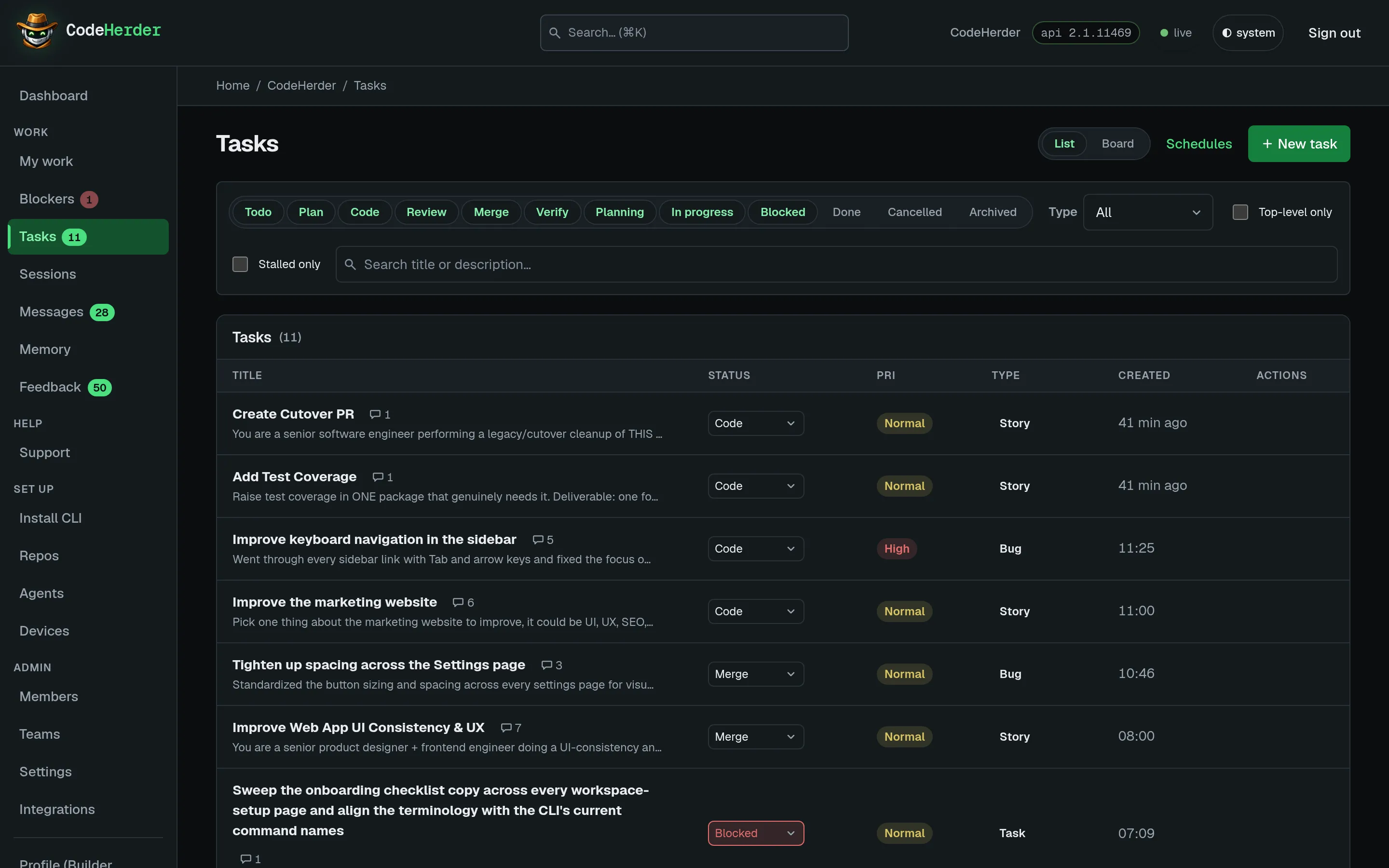 The CodeHerder task list filtered by workflow stage, showing real one-line task titles with a status dropdown and priority tag on each row.